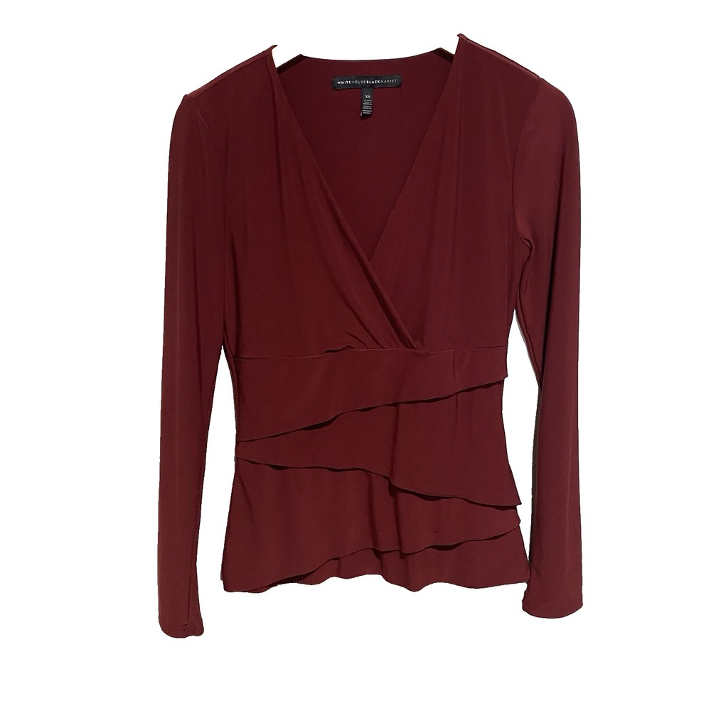 White House Black Market Burgundy V-Neck Layered Long‎ Sleeve Blouse Sz XS